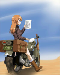 Rule 34 | 1girl, blue eyes, brown hair, charlotte e. yeager, envelope, gun, holster, kaneko (novram58), long hair, map, military, military vehicle, motor vehicle, motorcycle, novram58, paper, rifle, smile, solo, strike witches, vehicle, weapon, world witches series
