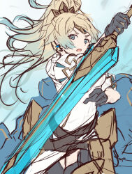 Rule 34 | 1girl, absurdres, aqua hair, black gloves, blonde hair, blue eyes, clear glass (mildmild1311), fire emblem, fire emblem heroes, fjorm (fire emblem), gloves, highres, holding, holding sword, holding weapon, long hair, looking at viewer, nintendo, open mouth, ponytail, reverse grip, solo, sword, v-shaped eyebrows, weapon