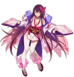 Rule 34 | 1girl, ark order, black footwear, blue bow, bow, breasts, cleavage, fire, full body, hair bow, japanese clothes, kagutsuchi (ark order), kimono, large breasts, long hair, long sleeves, obi, official art, ofuda, okobo, pink bow, pink fire, purple hair, red cucumber, sandals, sash, sidelocks, solo, tachi-e, thighhighs, transparent background, very long hair, white kimono, white thighhighs, wide sleeves, yellow eyes