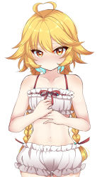 Rule 34 | 1other, androgynous, antenna hair, bare shoulders, blonde hair, blush, braid, brilliant pagoda or haze castle, closed mouth, commentary request, cowboy shot, hair between eyes, hair ribbon, heart antenna hair, highres, len&#039;en, long hair, ooama no ake no mitori, ougi hina, red ribbon, ribbon, simple background, solo, twin braids, white background, yellow eyes