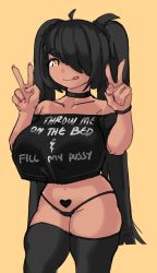 Rule 34 | 1girl, :q, ahoge, bare shoulders, black choker, black hair, black thighhighs, bracelet, breasts, choker, cleavage, clothes writing, collarbone, crop top, crop top overhang, curvy, double v, english text, female pubic hair, fuck-me shirt, hair over one eye, heart, heart-shaped pubic hair, heart tattoo, highres, huge breasts, jewelry, long hair, meme attire, micro panties, nail polish, no pants, original, panties, pink nails, pubic hair, pubic tattoo, shaped pubic hair, solo, tattoo, thick thighs, thighhighs, thighs, tongue, tongue out, twintails, underwear, v, yellow background, yellow eyes, zanamaoria