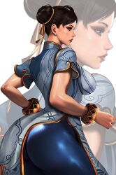 1girl blue_pants bracelet breasts brown_eyes brown_hair capcom china_dress chinese_clothes chun-li closed_mouth commentary commission double_bun dress earrings from_side gold_trim hair_bun highres jewelry kittymiya lips makeup medium_breasts pants shiny_clothes shiny_skin short_sleeves simple_background skin_tight street_fighter street_fighter_6 white_background yoga_pants zoom_layer