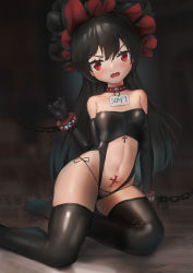 Rule 34 | 1girl, absurdres, bad id, bad pixiv id, bare shoulders, black gloves, black hair, black leotard, black thighhighs, breasts, clothing cutout, collar, collarbone, cuffs, darcy (pixiv11949485), elbow gloves, fang, gloves, handcuffs, headdress, highres, ilya (princess connect!), ilya (small) (princess connect!), latex, latex gloves, latex legwear, leotard, long hair, looking at viewer, navel, open mouth, princess connect!, pubic tattoo, red eyes, restrained, skindentation, small breasts, solo, stomach, stomach cutout, strapless, strapless leotard, tattoo, thighhighs, thighs, v-shaped eyebrows, wavy mouth