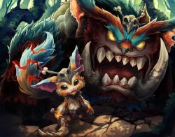 Rule 34 | black eyes, boomerang, gnar, gnar (league of legends), hatiue (hachi), league of legends, loincloth, no humans, open mouth, outdoors, skull on head, standing, yellow eyes, yordle