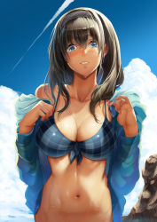 Rule 34 | 1girl, bikini, black hair, blue eyes, blue sky, blush, breasts, cleavage, cloud, day, idolmaster, idolmaster cinderella girls, large breasts, lips, long hair, looking at viewer, navel, nohito, outdoors, parted lips, sagisawa fumika, shiny skin, sky, solo, standing, swimsuit, upper body, wet