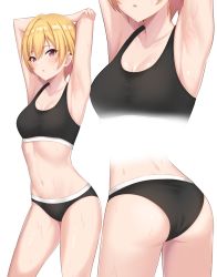 Rule 34 | 1girl, :o, armpits, arms behind back, arms up, ass, blonde hair, breasts, cleavage, collarbone, cropped torso, ear piercing, helloet11, highres, idolmaster, idolmaster shiny colors, looking at viewer, medium breasts, multiple views, navel, parted lips, piercing, purple eyes, saijo juri, short hair, simple background, sports bra, stomach, stretching, sweat, white background