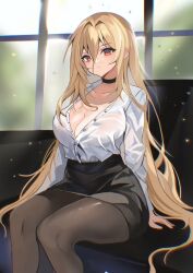 Rule 34 | 1girl, absurdres, azur lane, black choker, black pantyhose, black skirt, blonde hair, breasts, choker, cleavage, closed mouth, collarbone, hair intakes, high-waist skirt, highres, implacable (azur lane), implacable (shepherd of the &quot;lost&quot;) (azur lane), indoors, komuer, large breasts, long bangs, long hair, long sleeves, looking at viewer, official alternate costume, pantyhose, partially unbuttoned, pencil skirt, red eyes, shirt, shirt tucked in, sitting, skirt, solo, teacher, very long hair, white shirt, window