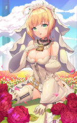 Rule 34 | 10s, 1girl, ahoge, arm support, bad id, bad pixiv id, bare shoulders, blonde hair, blue sky, blunt bangs, blurry, blurry background, blush, breasts, chain, cleavage, cloud, cloudy sky, commentary request, day, dduck kong, depth of field, detached sleeves, fate/extra, fate/extra ccc, fate/grand order, fate (series), flower, full-length zipper, gloves, green eyes, hair intakes, hand on own chest, head tilt, highres, large breasts, leotard, lock, long sleeves, nero claudius (bride) (fate), nero claudius (bride) (second ascension) (fate), nero claudius (fate), nero claudius (fate) (all), outdoors, padlock, parted lips, puffy long sleeves, puffy sleeves, red flower, red rose, rose, sidelocks, sky, solo, teeth, thighhighs, upper teeth only, veil, white flower, white gloves, white leotard, white thighhighs, wide sleeves, zipper, zipper pull tab
