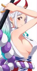 Rule 34 | 1girl, absurdres, armpits, blue hair, breasts, camui1104, club, club (weapon), curled horns, earrings, highres, holding, holding club, holding weapon, hoop earrings, horns, japanese clothes, jewelry, kanabou, large breasts, looking at viewer, multicolored hair, one piece, oni, oni horns, red eyes, red horns, rope, shimenawa, sideboob, smile, solo, two-tone hair, upper body, weapon, white background, white hair, yamato (one piece)
