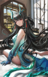 Rule 34 | 1girl, absurdres, arknights, barefoot, black hair, blue dress, blue hair, blue skin, breasts, clothing cutout, colored skin, commentary request, dragon horns, dragon tail, dress, dusk (arknights), dusk (everything is a miracle) (arknights), earrings, from behind, hair between eyes, highres, horns, indoors, jewelry, long hair, looking at viewer, looking back, medium breasts, multicolored hair, official alternate costume, on bed, pointy ears, red eyes, sishima, sitting, sleeveless, sleeveless dress, solo, streaked hair, tail, tail through clothes, tassel, tassel earrings, very long hair