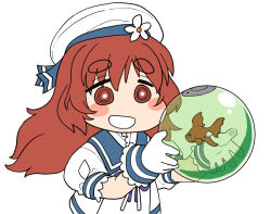 Rule 34 | 1girl, blue sailor collar, brown eyes, brown hair, fish, fishbowl, gloves, goldfish, harukaze unipo, holding, kantai collection, long hair, puffy short sleeves, puffy sleeves, sailor collar, sailor shirt, shirt, short sleeves, simple background, solo, thick eyebrows, upper body, wavy hair, white background, white gloves, white shirt, yashiro (kancolle)