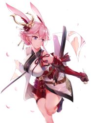 Rule 34 | 1girl, absurdres, animal ears, armor, breasts, dual wielding, fox ears, highres, holding, holding sword, holding weapon, honkai (series), honkai impact 3rd, japanese clothes, katana, kimono, large breasts, looking at viewer, pink hair, purple eyes, rabbit ears, short hair, short kimono, simple background, solo, sword, weapon, white background, yae sakura, yae sakura (flame sakitama), zomzomzomsauce