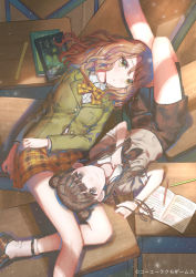 Rule 34 | 2girls, 778-go, :3, blazer, blouse, blue reflection (series), blue reflection tie, book, bow, bowtie, breasts, brown eyes, brown footwear, brown hair, brown legwear, brown neckerchief, character request, collared shirt, double bun, feet out of frame, from above, green eyes, green jacket, hair bun, hand on own chest, highres, jacket, kinjou yuki, knee up, kneehighs, lap pillow, light particles, loafers, long hair, long sleeves, looking at viewer, lying, medium breasts, miniskirt, miyauchi rena, multiple girls, neckerchief, on back, on table, open book, pencil, plaid, plaid bow, plaid bowtie, pleated skirt, ruler, school uniform, serafuku, shirt, shoes, short sleeves, skirt, socks, table, upside-down, wavy hair, white shirt, yellow bow, yellow bowtie, yellow skirt, yuri