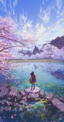 Rule 34 | 1girl, backpack, bag, black hair, cherry blossoms, day, highres, lily pad, mocha (cotton), original, outdoors, scenery, sky, tree, water