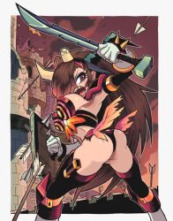 Rule 34 | 1girl, armor, arrow (projectile), ass, battle, bikini armor, boots, border, breasts, broken horn, brown hair, castle, detached sleeves, from behind, gashi-gashi, gloves, hair over one eye, holster, horns, knee pads, large breasts, long hair, looking back, ogre, open mouth, out of frame, outside border, red eyes, sharp teeth, shield, solo, spikes, sword, teeth, thigh boots, thighhighs, weapon