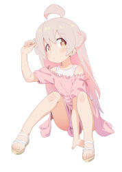 Rule 34 | 1girl, absurdres, ahoge, arm between legs, blush, brown eyes, closed mouth, colored inner hair, dress, eyelashes, feet, frilled dress, frills, full body, genderswap, genderswap (mtf), grey hair, hair between eyes, hand up, highres, knees up, legs, long hair, looking at viewer, multicolored hair, on ground, onii-chan wa oshimai!, oyama mahiro, pink dress, pink hair, sandals, shadow, shiina excel, short sleeves, simple background, sitting, solo, thighs, toenails, toes, white background