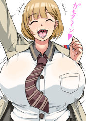 Rule 34 | 10s, 1girl, :d, ^ ^, arm up, bad id, bad pixiv id, blonde hair, bouncing breasts, breasts, brown hair, closed eyes, eyebrows, closed eyes, happy, heart, huge breasts, narusawa ryouka, necktie, nekuraneko, occultic;nine, open mouth, short hair, simple background, smile, solo, upper body, white background