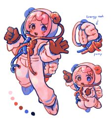 Rule 34 | 1girl, :3, arrow (symbol), backpack, bag, blue eyes, bright pupils, brown gloves, chibi, color guide, commentary request, english text, fang, full body, gloves, hands up, heterochromia, highres, holding strap, limited palette, long sleeves, looking at viewer, open mouth, organs, original, pink hair, piyoko9494, pointing, red eyes, simple background, smile, spacesuit, veins, white background, white pupils