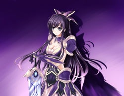 Rule 34 | 10s, 1girl, armor, breasts, cleavage, closed mouth, date a live, expressionless, female focus, gloves, gradient background, hair ornament, highres, large breasts, long hair, looking at viewer, ponytail, purple eyes, purple hair, solo, sword, weapon, wsman, yatogami tooka