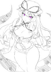 Rule 34 | 0002koko, 1girl, absurdres, breasts, choker, cleavage, collarbone, commentary request, corset, cross-laced clothes, dress, frilled corset, frilled dress, frills, from above, gloves, hat, highres, large breasts, limited palette, long hair, mob cap, monochrome, purple eyes, ribbon choker, simple background, solo, thigh gap, touhou, very long hair, white background, yakumo yukari
