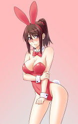 Rule 34 | 1girl, animal ears, bare legs, blush, bow, bowtie, breasts, brown hair, cleavage, detached collar, fake animal ears, korisei, leotard, original, pink background, playboy bunny, ponytail, rabbit ears, rabbit tail, red eyes, short hair, simple background, solo, tail, wrist cuffs