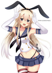 Rule 34 | 1girl, absurdres, anchor, black hairband, black neckerchief, black panties, blonde hair, blue sailor collar, breasts, crop top, elbow gloves, gloves, grey eyes, hair between eyes, hairband, highleg, highleg panties, highres, himura moritaka, kantai collection, long hair, looking at viewer, microskirt, miniskirt, neckerchief, one-hour drawing challenge, open mouth, panties, sailor collar, school uniform, serafuku, shimakaze (kancolle), simple background, skirt, small breasts, smile, solo, thighhighs, twitter username, underwear, white background, white gloves