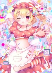 Rule 34 | 1girl, blonde hair, blush, coa (chroo x), crystal, fingernails, flandre scarlet, hair ornament, hairclip, hat, internet survivor, long hair, mob cap, mouse (computer), nail polish, navel, one eye closed, one side up, open mouth, red eyes, red nails, smile, solo, touhou, white hat, wings, x hair ornament