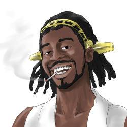 Rule 34 | 10s, 1boy, bare shoulders, black eyes, black hair, cigarette, grin, dreadlocks, headgear, highres, kantai collection, looking at viewer, male focus, shao (newton), simple background, smile, smoking, solo, teeth, the first ship of the kongou from jamaica, white background