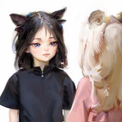 Rule 34 | 2girls, animal ears, black shirt, blonde hair, blue eyes, brown hair, cat ears, cat girl, closed mouth, co ti (sweetonedollar), corrupted twitter file, extra ears, highres, long hair, looking at another, medium hair, multiple girls, original, parted hair, photo-referenced, pink shirt, pussy willow (sweetonedollar), shirt, short sleeves, simple background, sweetonedollar, upper body, white background, zipper pull tab