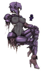 Rule 34 | 1girl, 1other, amputee, armor, armored boots, boots, breasts, colored skin, commentary, english commentary, gauntlets, grey skin, helmet, high heels, highres, invisible, invisible chair, looking to the side, medium breasts, midriff, navel, nipples, nyong nyong, pauldrons, possessed armor, rags, shoulder armor, sitting, terraria, torn clothes
