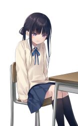 1girl black_hair black_socks blue_eyes blush chair collared_shirt desk flat_chest highres kneehighs long_hair looking_down na-ga neck_ribbon original ribbon school_uniform shirt sidelocks sitting skirt socks solo sweater twintails wavy_mouth