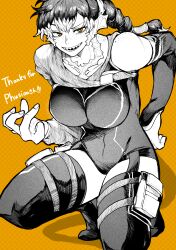 Rule 34 | 1girl, absurdres, body freckles, boots, breasts, commission, detached sleeves, freckles, greyscale, highres, large breasts, leotard, long hair, monochrome, orange background, orange eyes, original, patterned background, ponytail, sharp teeth, skeb commission, solo, spot color, squatting, teeth, thigh boots, yotsumi shiro