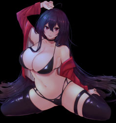 Rule 34 | ahoge, arm up, azur lane, bare shoulders, bikini, black background, black bikini, black choker, black thighhighs, blush, breasts, choker, cleavage, collarbone, commentary request, full body, hair between eyes, highres, jacket, large breasts, long hair, long sleeves, looking at viewer, mixed-language commentary, navel, no shoes, off shoulder, official alternate costume, open clothes, open jacket, pao mian+dan, parted lips, purple eyes, purple hair, red jacket, simple background, smile, solo, spread legs, stomach, swimsuit, taihou (azur lane), taihou (enraptured companion) (azur lane), thigh strap, thighhighs, very long hair