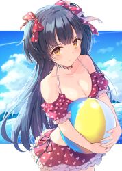 Rule 34 | 1girl, ball, beachball, bikini, bikini skirt, black hair, blush, breasts, choker, cleavage, cloud, collarbone, commentary request, eyebrows hidden by hair, frilled bikini, frills, hair ribbon, halterneck, heart, heart print, highres, holding, holding ball, idolmaster, idolmaster shiny colors, large breasts, letterboxed, long hair, looking at viewer, mayuzumi fuyuko, miyanome, mountain, ocean, ribbon, shadow, solo, swimsuit, two side up, upper body, very long hair, yellow eyes