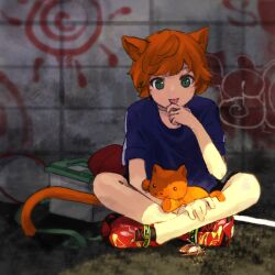 Rule 34 | 1boy, animal ears, black shorts, blue shirt, cat boy, cat ears, cat tail, character request, commentary request, copyright request, crossed arms, green eyes, highres, kaigen 1025, male focus, orange hair, red footwear, shirt, shoes, short hair, short sleeves, shorts, sitting, slit pupils, sneakers, stuffed animal, stuffed cat, stuffed toy, tail