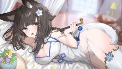 Rule 34 | 1girl, absurdres, animal ears, bed sheet, black hair, blunt bangs, blurry, blurry background, blush, breasts, chair, cleavage, commentary request, commission, curtains, dress, fangs, flower, garter straps, highres, holding, holding smoking pipe, indoors, lamp, long hair, looking at viewer, lying, medium breasts, mole, mole under eye, on bed, on side, open mouth, original, panties, petals, smile, smoking pipe, solo, sorotu, table, tail, thighhighs, thighs, underwear, virtual youtuber, white dress, white panties, window, wooden floor