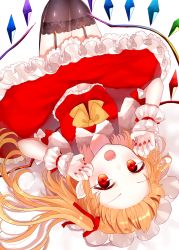 Rule 34 | 1girl, black thighhighs, blonde hair, claw pose, crystal, flandre scarlet, forehead, frilled skirt, frills, garter straps, hair ribbon, hat, lace, lace-trimmed legwear, lace trim, looking at viewer, lying, midriff peek, mob cap, nail polish, neck ribbon, on back, open mouth, over-kneehighs, petticoat, red eyes, red nails, red ribbon, red skirt, red vest, ribbon, sakizaki saki-p, short hair, side ponytail, simple background, skirt, solo, teeth, thighhighs, touhou, upside-down, vest, white background, wings, wrist cuffs, yellow ribbon