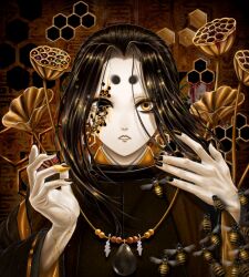 Rule 34 | bee, black hair, black nails, blood, blurry, bokeh, brown background, brown theme, bug, commentary request, depth of field, earrings, hands up, heterochromia, hexagon earrings, highres, insect, japanese clothes, jewelry, kariginu, kintsugi, long hair, looking at viewer, m k kanoe, no pupils, open hands, original, parted bangs, parted lips, sleeves past elbows, teeth, trypophobia, upper body, wrinkled skin, yellow eyes