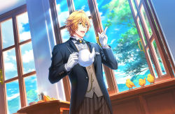 Rule 34 | 1boy, :d, bird, black jacket, blonde hair, blue sky, brooch, butler, cowboy shot, cross tie, day, dress shirt, dutch angle, food, game cg, glasses, gloves, green eyes, hair between eyes, highres, holding, holding teapot, index finger raised, jacket, jewelry, looking at animal, male focus, official art, open mouth, pants, sandwich, shinomiya natsuki (uta no prince-sama), shirt, short hair, sky, smile, solo, striped clothes, striped pants, sunlight, table, teapot, teeth, third-party source, tree, upper teeth only, uta no prince-sama, uta no prince-sama: shining live, waistcoat, white gloves, white shirt, window, wooden table