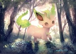 Rule 34 | :3, bad id, bad pixiv id, brown eyes, closed mouth, commentary request, creatures (company), day, forest, from side, game freak, gen 4 pokemon, grass, leaf, leafeon, looking at viewer, manino (mofuritaionaka), nature, nintendo, no humans, pokemon, pokemon (creature), signature, smile, solo, tree