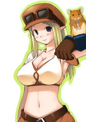 Rule 34 | animal, player character (mabinogi), belt, blonde hair, blue eyes, blush, breasts, character request, cleavage, crop top, elf, gloves, goggles, hamster, hat, ikujitto, large breasts, long hair, mabinogi, midriff, navel, pointy ears, smile, solo