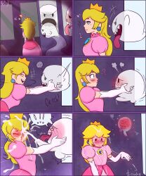 Rule 34 | !, 1boy, 1girl, ?, absurdres, blonde hair, blue eyes, blush, boo (mario), bukkake, closed eyes, crown, cum, cum on body, cum on clothes, cum on hair, earrings, facial, ghost, happy, highres, jewelry, long hair, looking at viewer, mario (series), monster, nintendo, open mouth, piercing, princess peach, smile, soulely69, speech bubble, super mario bros. 3, tongue, tongue out