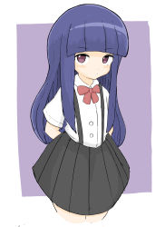Rule 34 | 1girl, absurdres, arms behind back, black skirt, blue hair, blush stickers, bow, brown eyes, collared shirt, commentary request, cropped legs, dress shirt, furude rika, highres, higurashi no naku koro ni, long hair, looking at viewer, pleated skirt, purple background, red bow, rururu (pyrk8855), shirt, skirt, solo, suspender skirt, suspenders, two-tone background, v-shaped eyebrows, very long hair, white background, white shirt