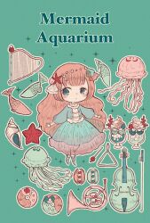 Rule 34 | 1girl, blue eyes, bow (music), brown hair, cerika, doughnut, dress, english text, fish, food, french horn, full body, green background, harp, highres, instrument, jellyfish, long hair, looking at viewer, macaron, original, outline, shell, solo, starfish hair ornament, triangle (instrument), violin, white outline