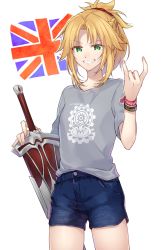 Rule 34 | 1girl, \n/, blonde hair, casual, clarent (fate), contemporary, fate/apocrypha, fate/grand order, fate (series), flag, green eyes, grin, hair ornament, hair scrunchie, kan&#039;yu (citron 82), mordred (fate), mordred (fate/apocrypha), ponytail, scrunchie, shirt, shorts, smile, solo, sword, t-shirt, union jack, united kingdom, weapon, wristband