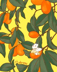 Rule 34 | ^ ^, animal focus, blanket, branch, rabbit, closed eyes, closed mouth, commentary, creature, cropped, dot mouth, downscaled, english commentary, expressionless, closed eyes, facing viewer, fantasy, food, fruit, hand up, kumquat, leaf, limited palette, long sleeves, looking at viewer, lying, no humans, on back, original, outdoors, own hands together, paid reward available, parted lips, puffy long sleeves, puffy sleeves, red eyes, resized, paid reward available, rii abrego, signature, sleeping, tareme, tree, under covers, undersized animal, wide shot, yellow background