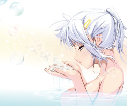 Rule 34 | 1girl, bathing, blowing, blue eyes, breasts, bubble, censored, convenient censoring, hair ornament, hairclip, kouno (masao), large breasts, nude, original, ponytail, profile, ripples, silver hair, solo, upper body, water