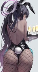 Rule 34 | 1girl, animal ears, arm tattoo, ass, backless leotard, bare shoulders, black hair, black leotard, blue archive, champagne flute, cowboy shot, cup, dark-skinned female, dark skin, detached collar, drinking glass, fake animal ears, fake tail, fishnet pantyhose, fishnets, from behind, gloves, gradient hair, grey background, halo, highres, holding, holding tray, karin (blue archive), karin (bunny) (blue archive), leotard, long hair, looking at viewer, looking back, multicolored hair, official alternate costume, pantyhose, playboy bunny, ponytail, purple hair, rabbit ears, rabbit tail, simple background, solo, strapless, strapless leotard, superpig, tail, tattoo, tray, very long hair, white gloves, wrist cuffs, yellow eyes