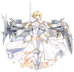 Rule 34 | 1girl, armor, artist request, azur lane, blonde hair, blue eyes, blush, breasts, cleavage cutout, closed mouth, clothing cutout, cross, faulds, full body, greaves, hair bun, highres, holding, holding sword, holding weapon, jeanne d&#039;arc (azur lane), large breasts, latin cross, looking at viewer, official art, short hair, single hair bun, solo, sword, thighhighs, transparent background, weapon, white thighhighs