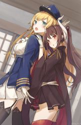 Rule 34 | 2girls, :o, aqua eyes, azur lane, black legwear, black skirt, blonde hair, blush, brown hair, buttons, cape, commentary request, cowboy shot, day, dutch angle, framed breasts, from side, garter straps, gloves, hair ribbon, haruna (azur lane), hat, head tilt, highres, horns, indoors, kongou (azur lane), long hair, long sleeves, looking at viewer, military, military hat, military uniform, miniskirt, multiple girls, open mouth, parted lips, peaked cap, pleated skirt, red eyes, red legwear, red ribbon, ribbon, sidelocks, skirt, standing, thighhighs, twintails, twitter username, uniform, white gloves, white skirt, wide sleeves, window, yu ni t, zettai ryouiki